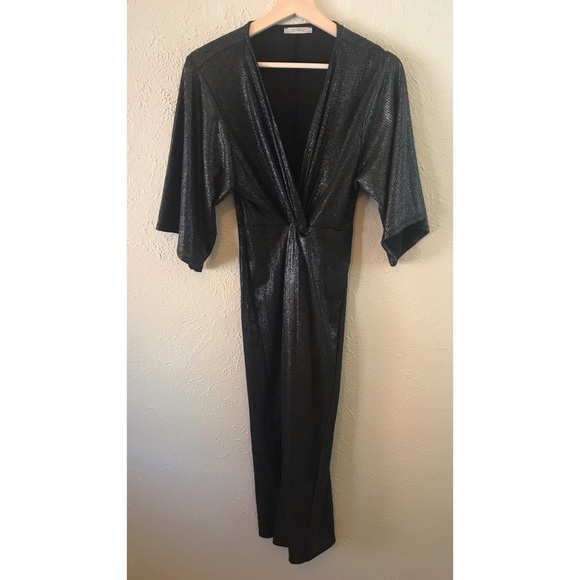 Zara Front Knot Twist Midi Metallic Black Dress - Picture 9 of 10